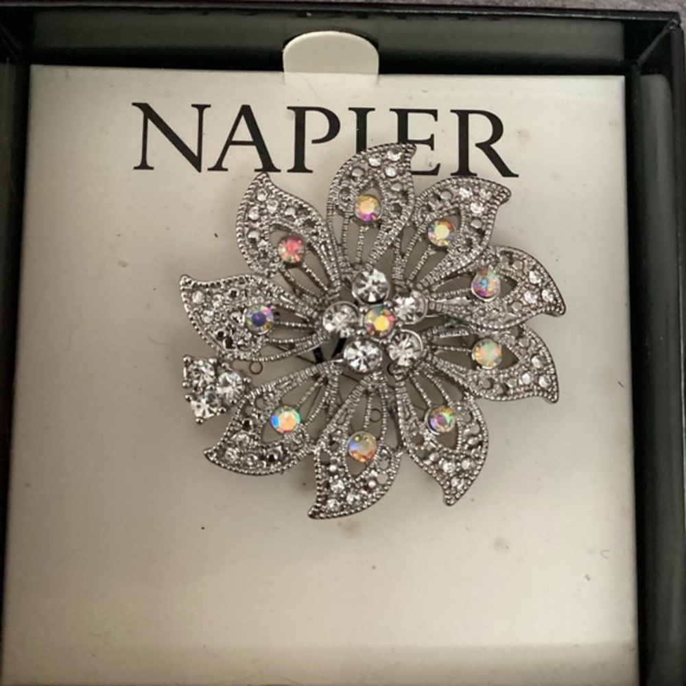 New Napier Silver Tone Simulated Crystal Flower Brooch